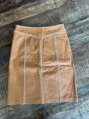 GAP Tan Leather Pencil Skirt with White Stitch Panels